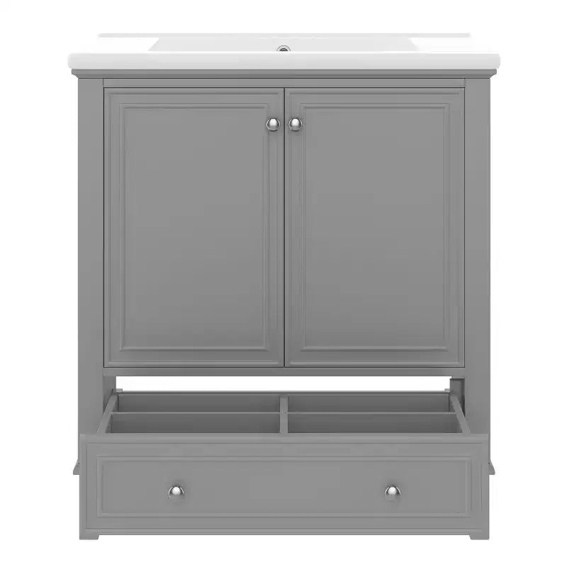 Meuble de salle de bain 2 en 1 avec lavabo et rangements, meuble bas de salle de bain en bois avec tiroirs et portes