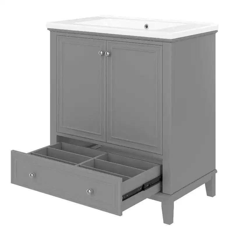 Meuble de salle de bain 2 en 1 avec lavabo et rangements, meuble bas de salle de bain en bois avec tiroirs et portes