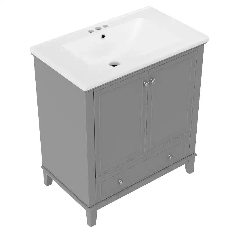 Meuble de salle de bain 2 en 1 avec lavabo et rangements, meuble bas de salle de bain en bois avec tiroirs et portes