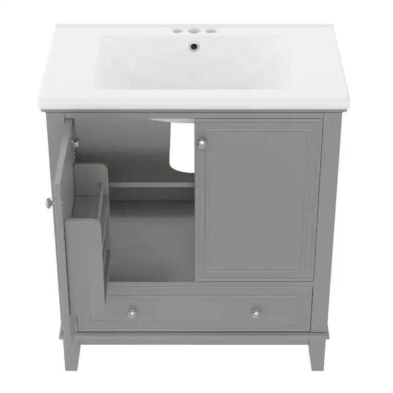 Meuble de salle de bain 2 en 1 avec lavabo et rangements, meuble bas de salle de bain en bois avec tiroirs et portes