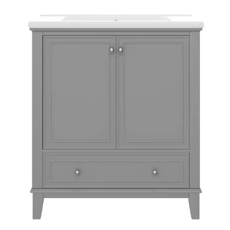 Meuble de salle de bain 2 en 1 avec lavabo et rangements, meuble bas de salle de bain en bois avec tiroirs et portes