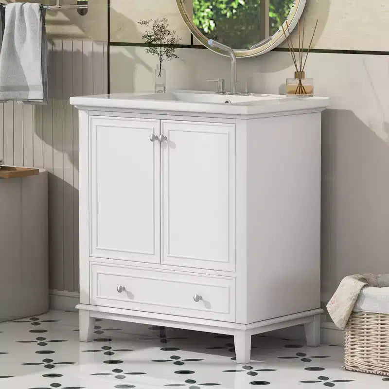 Meuble de salle de bain 2 en 1 avec lavabo et rangements, meuble bas de salle de bain en bois avec tiroirs et portes