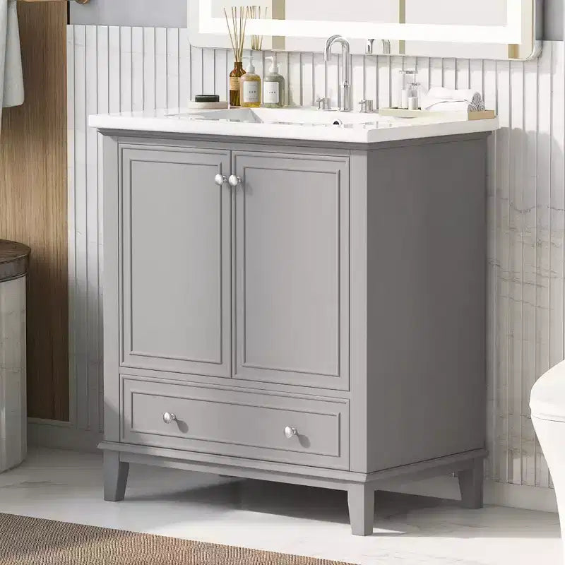 Meuble de salle de bain 2 en 1 avec lavabo et rangements, meuble bas de salle de bain en bois avec tiroirs et portes