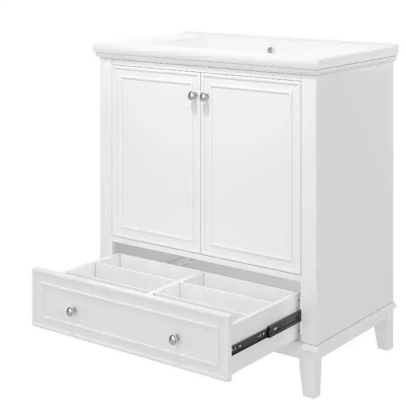 Meuble de salle de bain 2 en 1 avec lavabo et rangements, meuble bas de salle de bain en bois avec tiroirs et portes