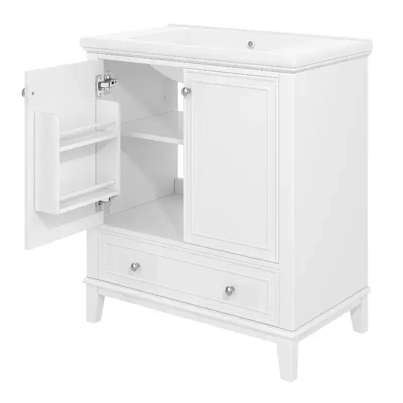 Meuble de salle de bain 2 en 1 avec lavabo et rangements, meuble bas de salle de bain en bois avec tiroirs et portes