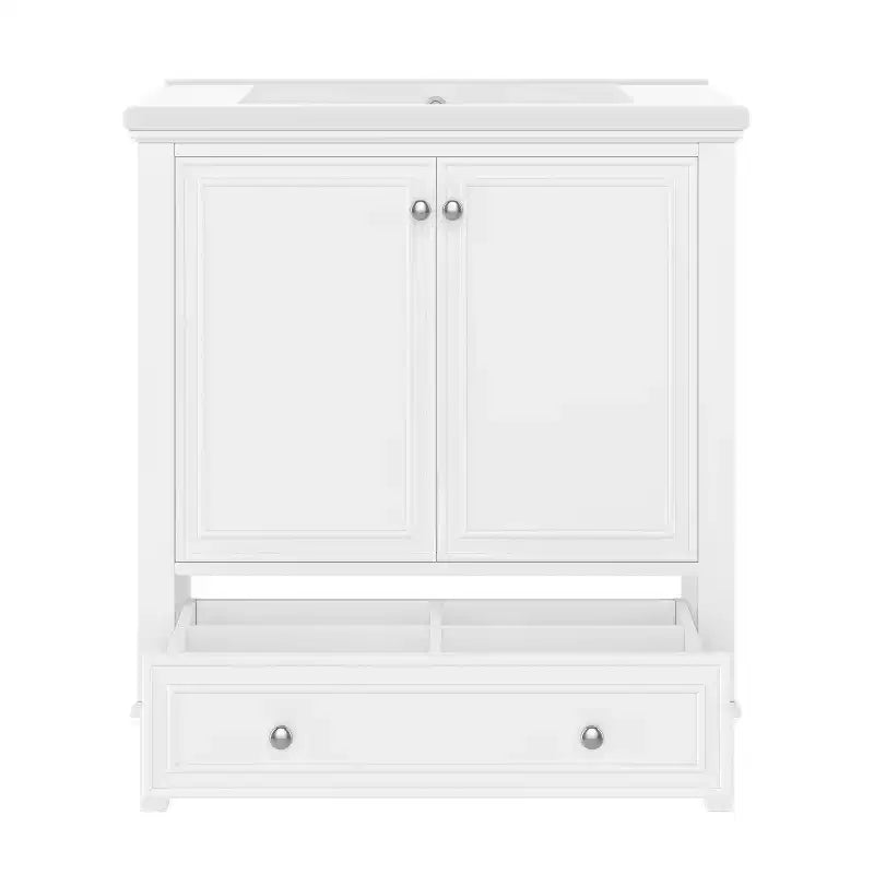 Meuble de salle de bain 2 en 1 avec lavabo et rangements, meuble bas de salle de bain en bois avec tiroirs et portes