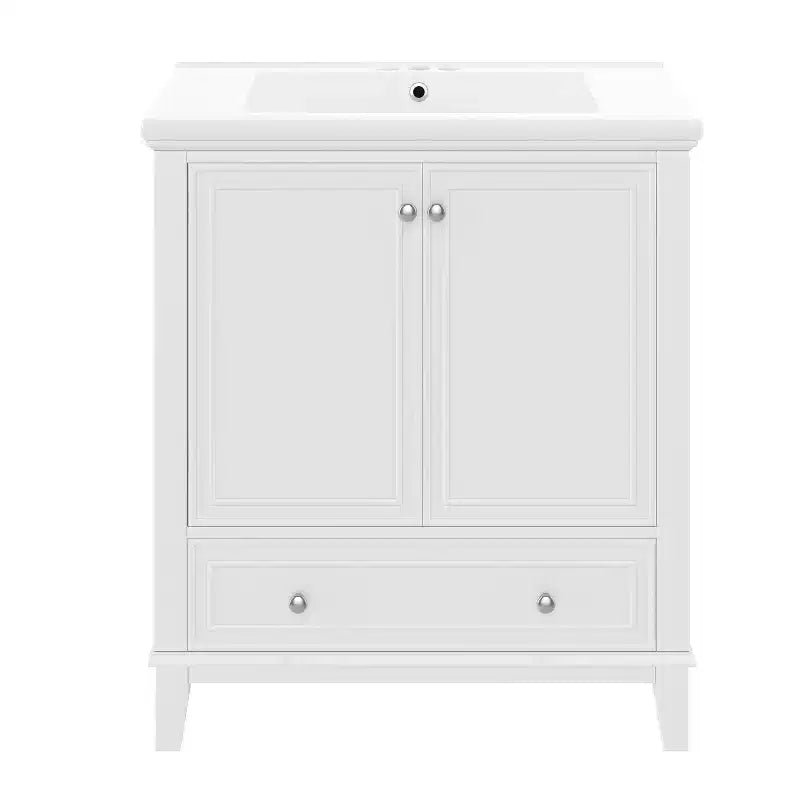 Meuble de salle de bain 2 en 1 avec lavabo et rangements, meuble bas de salle de bain en bois avec tiroirs et portes
