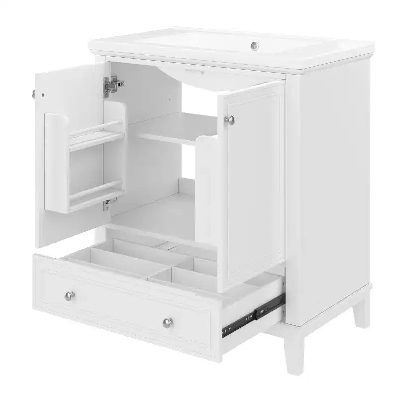 Meuble de salle de bain 2 en 1 avec lavabo et rangements, meuble bas de salle de bain en bois avec tiroirs et portes