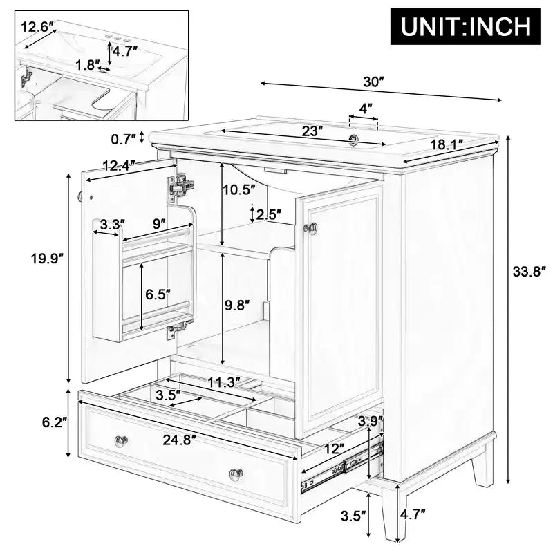 Meuble de salle de bain 2 en 1 avec lavabo et rangements, meuble bas de salle de bain en bois avec tiroirs et portes