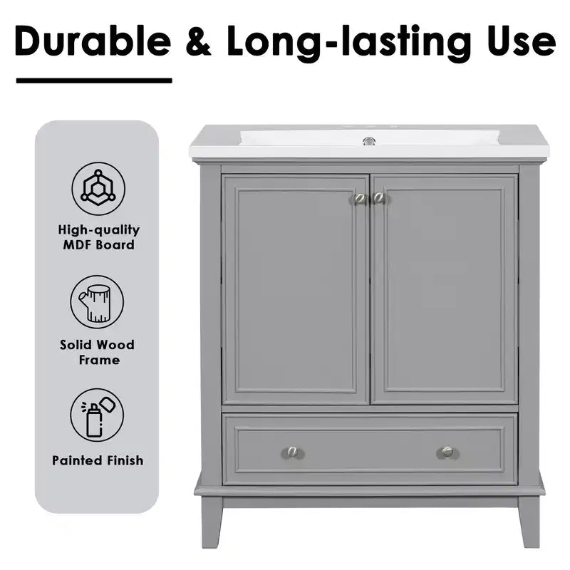 Meuble de salle de bain 2 en 1 avec lavabo et rangements, meuble bas de salle de bain en bois avec tiroirs et portes