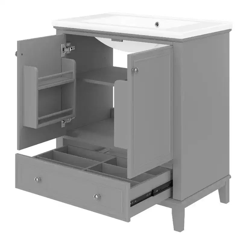 Meuble de salle de bain 2 en 1 avec lavabo et rangements, meuble bas de salle de bain en bois avec tiroirs et portes