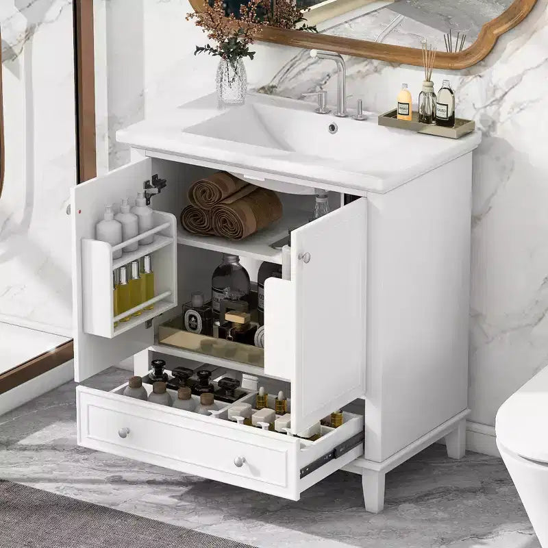 Meuble de salle de bain 2 en 1 avec lavabo et rangements, meuble bas de salle de bain en bois avec tiroirs et portes