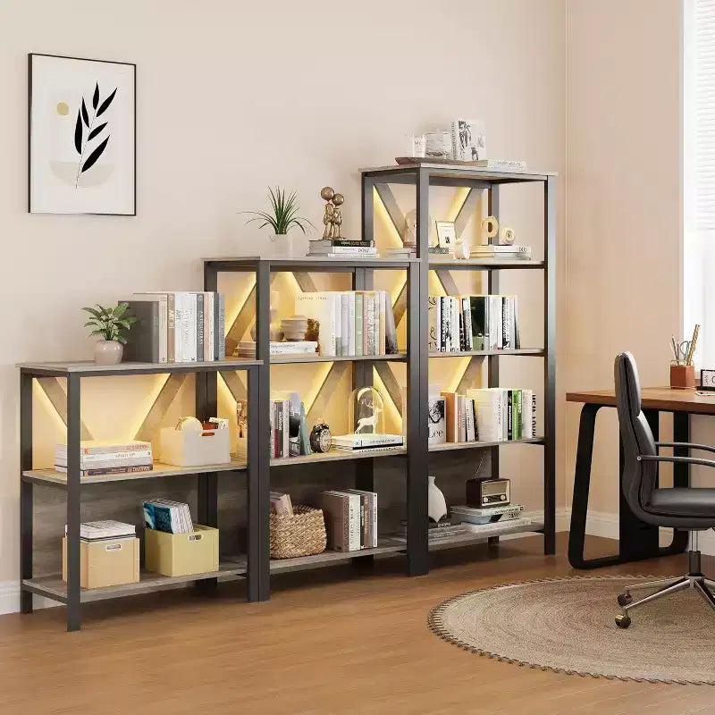 Bibliothèque industrielle avec lumières LED, étagère de présentation ouverte en métal, étagère de rangement, chambre, bureau, salon