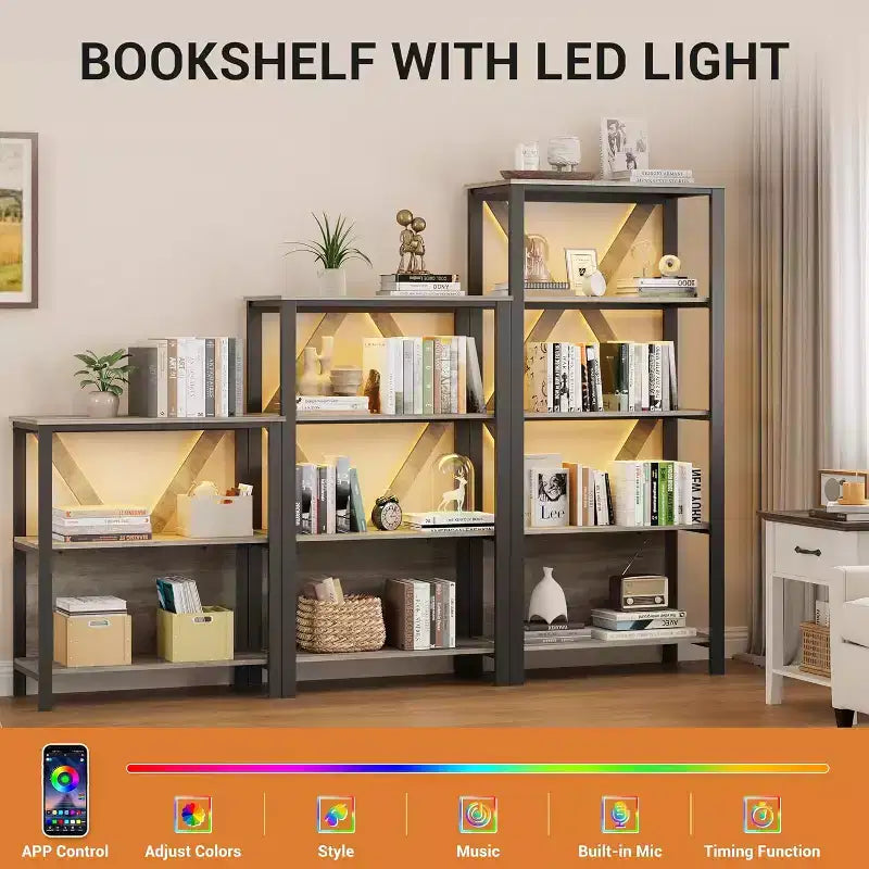 Bibliothèque industrielle avec lumières LED, étagère de présentation ouverte en métal, étagère de rangement, chambre, bureau, salon