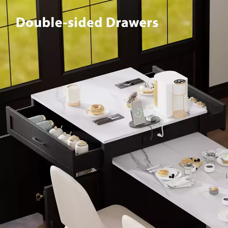 Îlot de cuisine de 210 cm avec table à manger extensible pour 4-6 personnes, plateau en faux marbre avec rangement double, prise de courant et 2 tiroirs