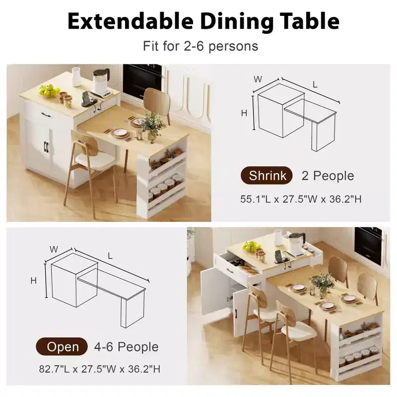 Îlot de cuisine de 210 cm avec table à manger extensible pour 4-6 personnes, plateau en faux marbre avec rangement double, prise de courant et 2 tiroirs