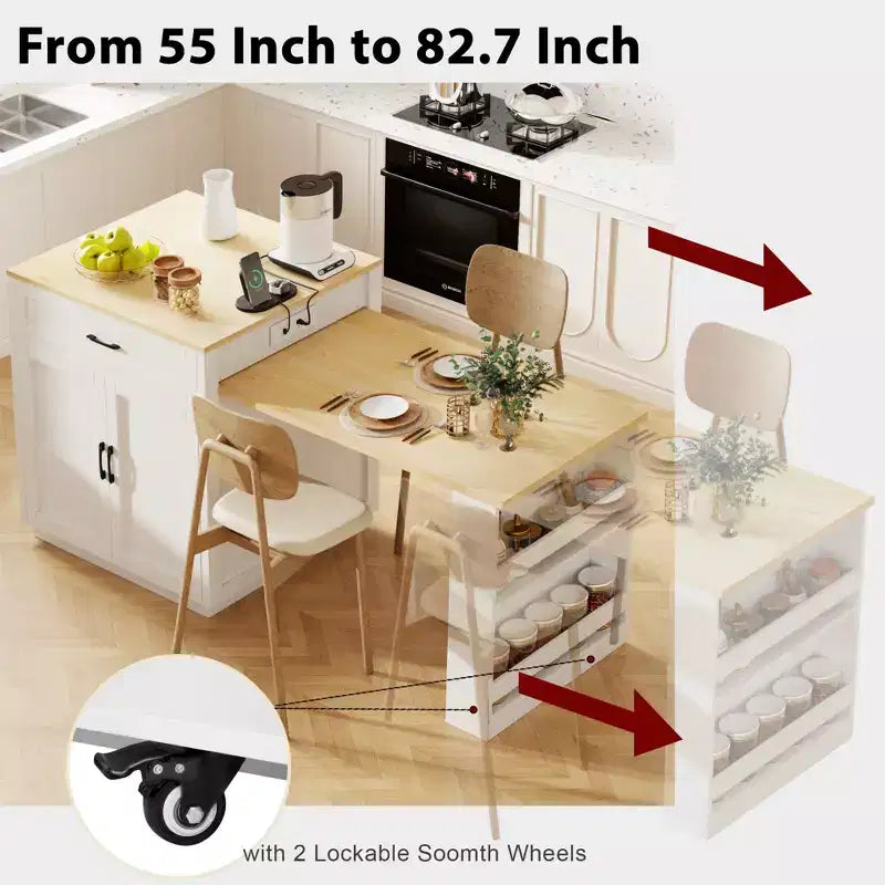 Îlot de cuisine de 210 cm avec table à manger extensible pour 4-6 personnes, plateau en faux marbre avec rangement double, prise de courant et 2 tiroirs
