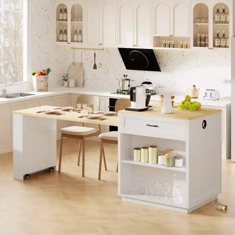 Îlot de cuisine de 210 cm avec table à manger extensible pour 4-6 personnes, plateau en faux marbre avec rangement double, prise de courant et 2 tiroirs