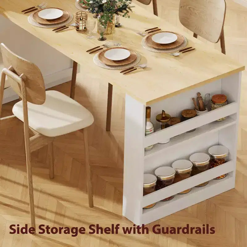 Îlot de cuisine de 210 cm avec table à manger extensible pour 4-6 personnes, plateau en faux marbre avec rangement double, prise de courant et 2 tiroirs