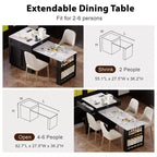 Îlot de cuisine de 210 cm avec table à manger extensible pour 4-6 personnes, plateau en faux marbre avec rangement double, prise de courant et 2 tiroirs