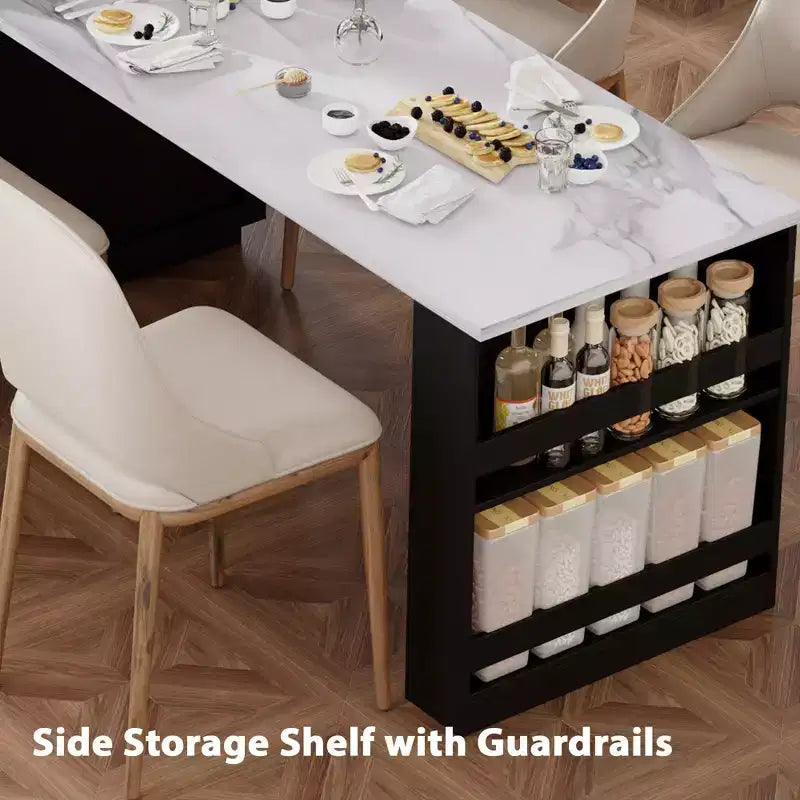 Îlot de cuisine de 210 cm avec table à manger extensible pour 4-6 personnes, plateau en faux marbre avec rangement double, prise de courant et 2 tiroirs