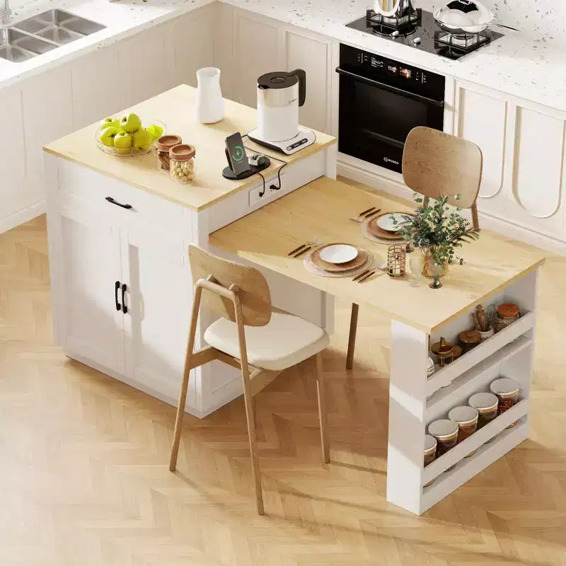 Îlot de cuisine de 210 cm avec table à manger extensible pour 4-6 personnes, plateau en faux marbre avec rangement double, prise de courant et 2 tiroirs