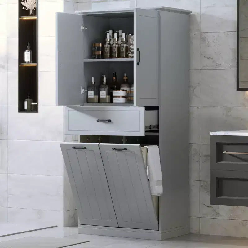 Meuble de rangement de salle de bain avec 2 paniers à linge, armoire haute anti-basculement à double porte basculante avec 2 portes et 1 tiroir pour linge sale caché