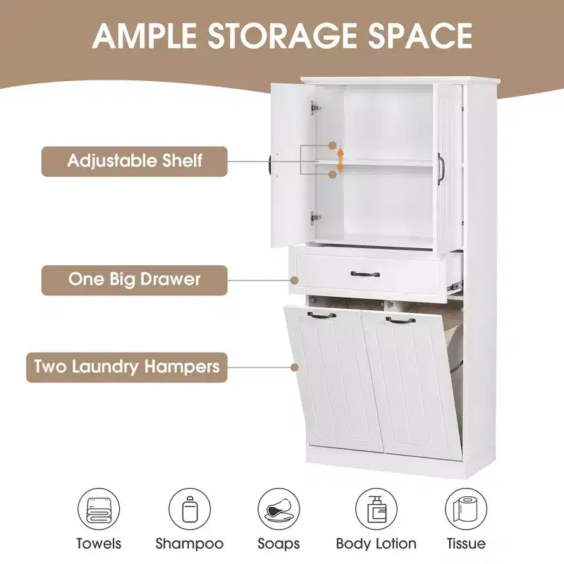 Meuble de rangement de salle de bain avec 2 paniers à linge, armoire haute anti-basculement à double porte basculante avec 2 portes et 1 tiroir pour linge sale caché