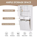 Meuble de rangement de salle de bain avec 2 paniers à linge, armoire haute anti-basculement à double porte basculante avec 2 portes et 1 tiroir pour linge sale caché