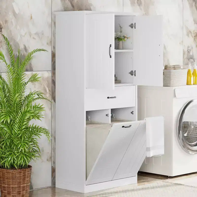 Meuble de rangement de salle de bain avec 2 paniers à linge, armoire haute anti-basculement à double porte basculante avec 2 portes et 1 tiroir pour linge sale caché