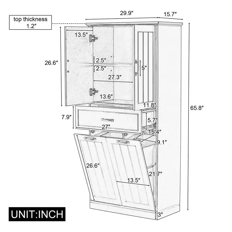 Meuble de rangement de salle de bain avec 2 paniers à linge, armoire haute anti-basculement à double porte basculante avec 2 portes et 1 tiroir pour linge sale caché