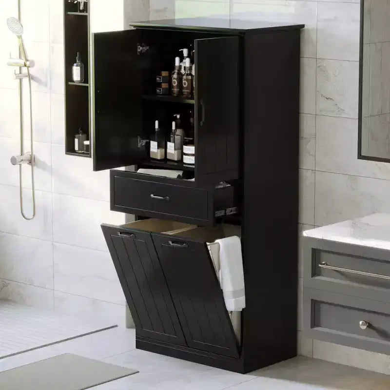Meuble de rangement de salle de bain avec 2 paniers à linge, armoire haute anti-basculement à double porte basculante avec 2 portes et 1 tiroir pour linge sale caché