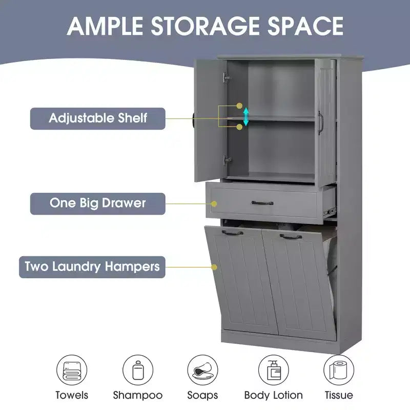 Meuble de rangement de salle de bain avec 2 paniers à linge, armoire haute anti-basculement à double porte basculante avec 2 portes et 1 tiroir pour linge sale caché