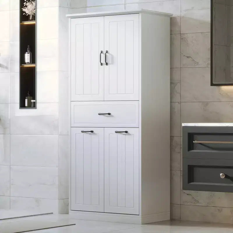 Meuble de rangement de salle de bain avec 2 paniers à linge, armoire haute anti-basculement à double porte basculante avec 2 portes et 1 tiroir pour linge sale caché