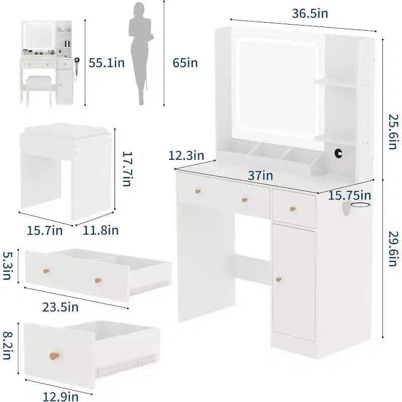 Coiffeuse moderne avec miroir, tabouret, luminosité réglable, 4 tiroirs et étagères de rangement, pour chambre à coucher