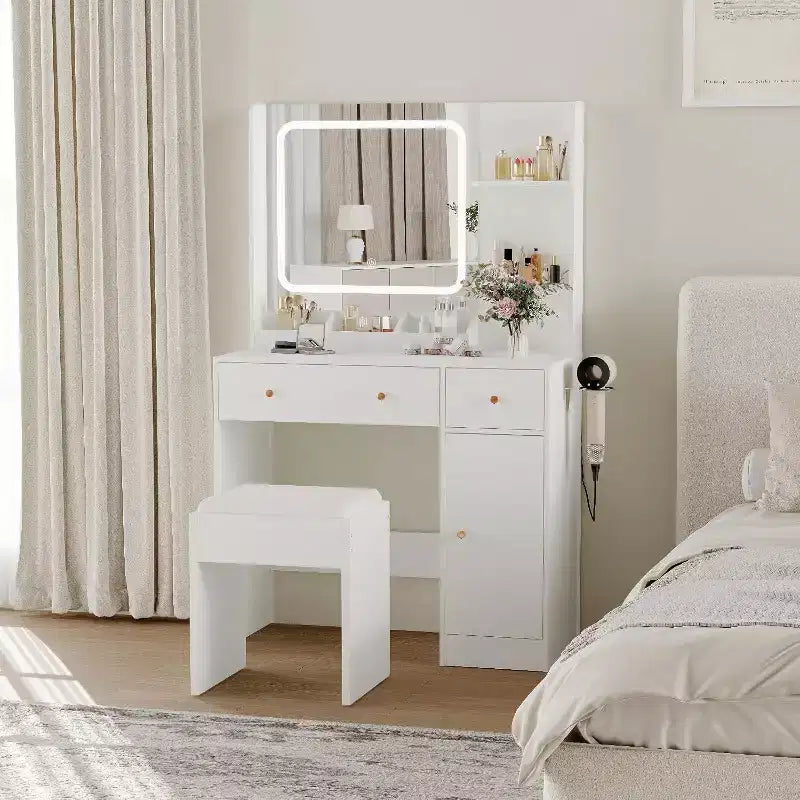 Coiffeuse moderne avec miroir, tabouret, luminosité réglable, 4 tiroirs et étagères de rangement, pour chambre à coucher