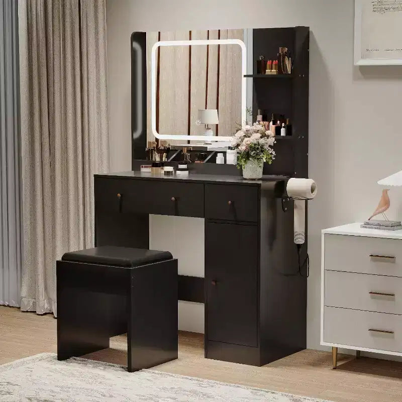 Coiffeuse moderne avec miroir, tabouret, luminosité réglable, 4 tiroirs et étagères de rangement, pour chambre à coucher