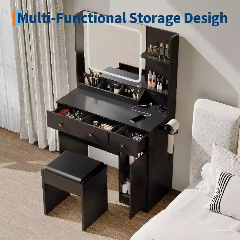 Coiffeuse moderne avec miroir, tabouret, luminosité réglable, 4 tiroirs et étagères de rangement, pour chambre à coucher