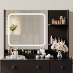 Coiffeuse moderne avec miroir, tabouret, luminosité réglable, 4 tiroirs et étagères de rangement, pour chambre à coucher