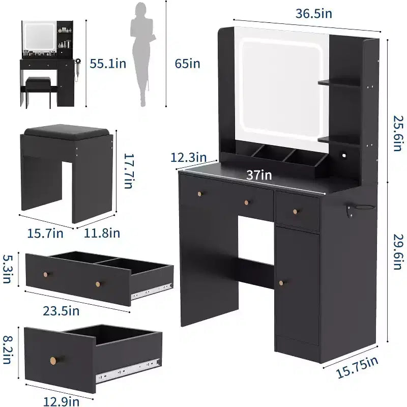 Coiffeuse moderne avec miroir, tabouret, luminosité réglable, 4 tiroirs et étagères de rangement, pour chambre à coucher