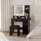 Coiffeuse moderne avec miroir, tabouret, luminosité réglable, 4 tiroirs et étagères de rangement, pour chambre à coucher