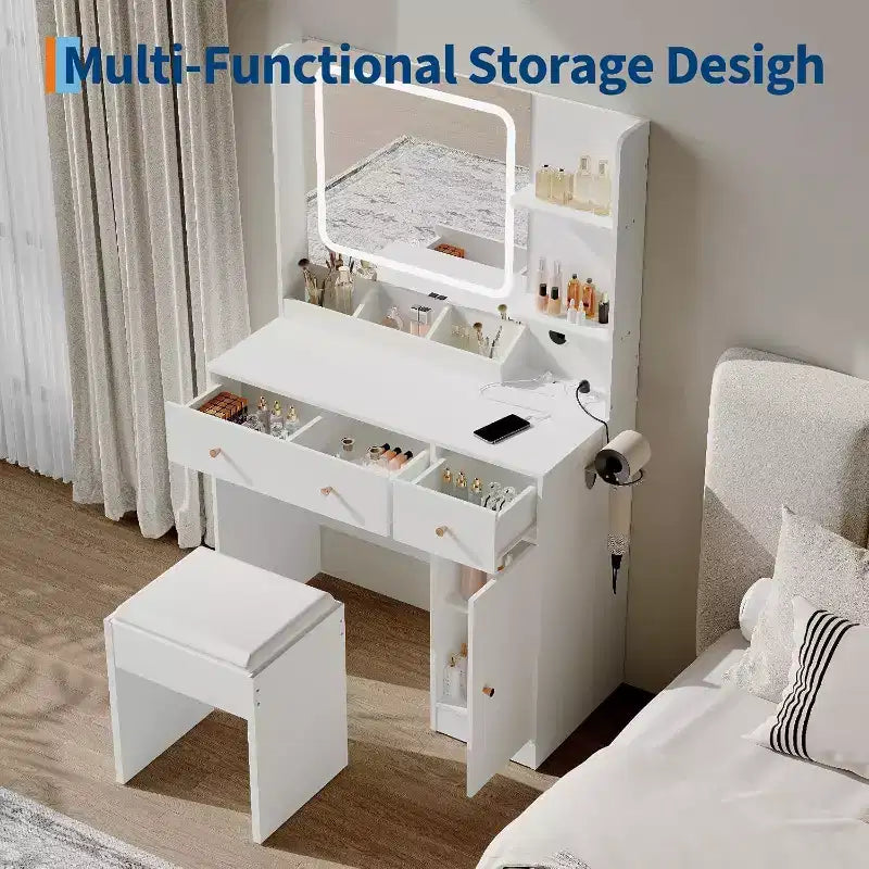 Coiffeuse moderne avec miroir, tabouret, luminosité réglable, 4 tiroirs et étagères de rangement, pour chambre à coucher