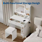 Coiffeuse moderne avec miroir, tabouret, luminosité réglable, 4 tiroirs et étagères de rangement, pour chambre à coucher