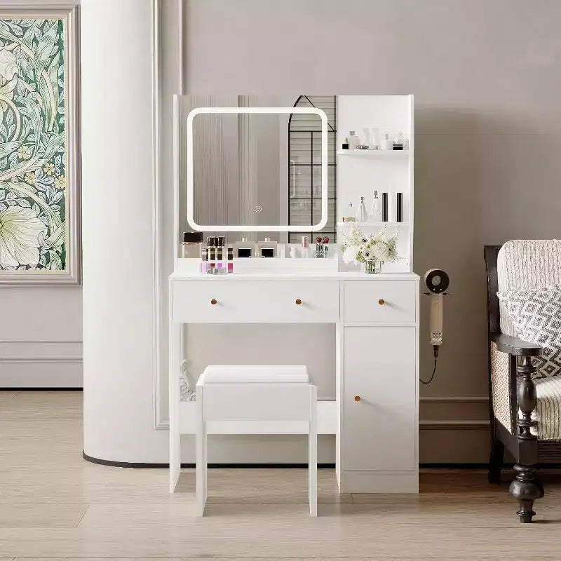 Coiffeuse moderne avec miroir, tabouret, luminosité réglable, 4 tiroirs et étagères de rangement, pour chambre à coucher