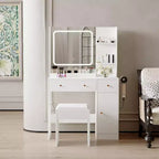 Coiffeuse moderne avec miroir, tabouret, luminosité réglable, 4 tiroirs et étagères de rangement, pour chambre à coucher