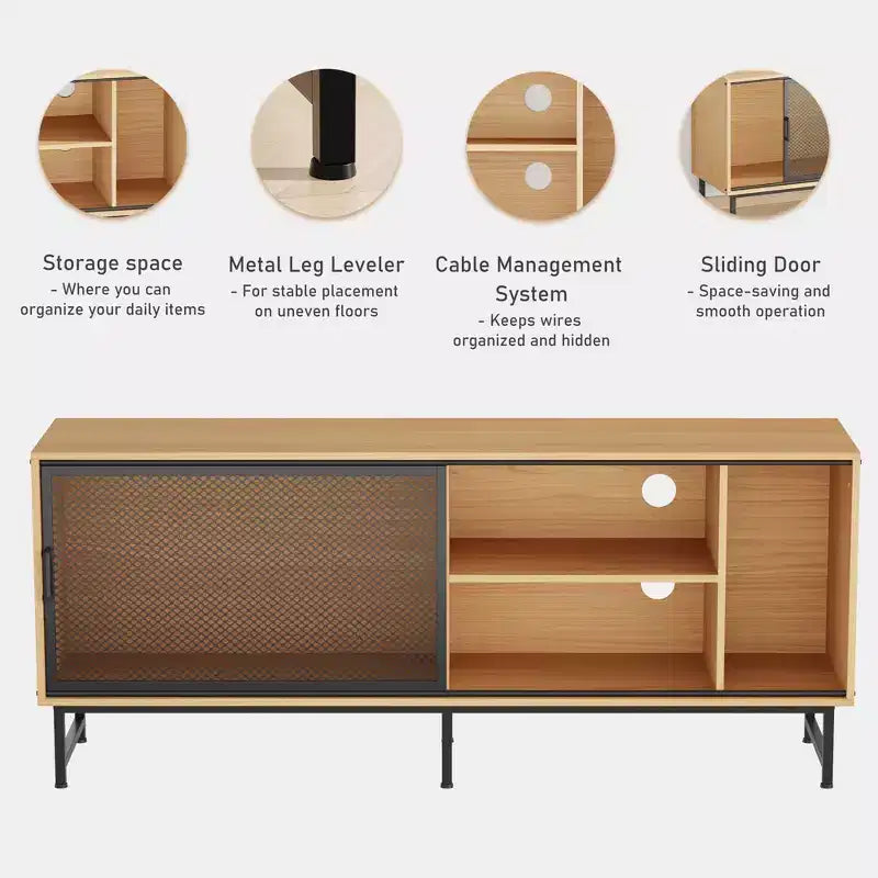 Meuble TV industriel avec portes coulissantes en maille métallique, buffet de salon moderne en bois avec pieds en métal, passe-câbles, grand espace de rangement