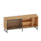 Meuble TV industriel avec portes coulissantes en maille métallique, buffet de salon moderne en bois avec pieds en métal, passe-câbles, grand espace de rangement