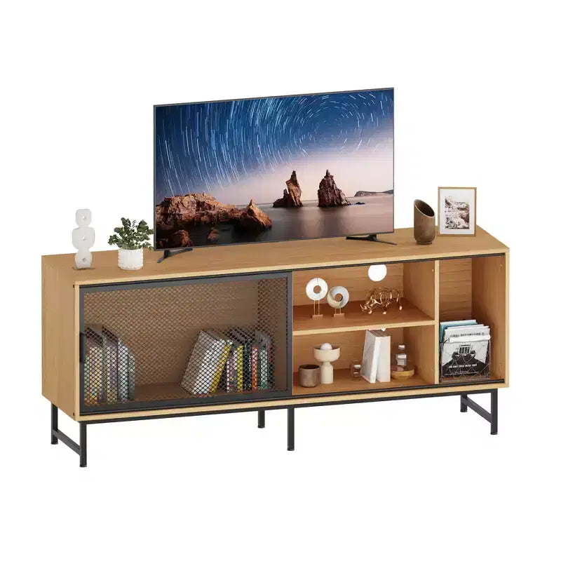 Meuble TV industriel avec portes coulissantes en maille métallique, buffet de salon moderne en bois avec pieds en métal, passe-câbles, grand espace de rangement