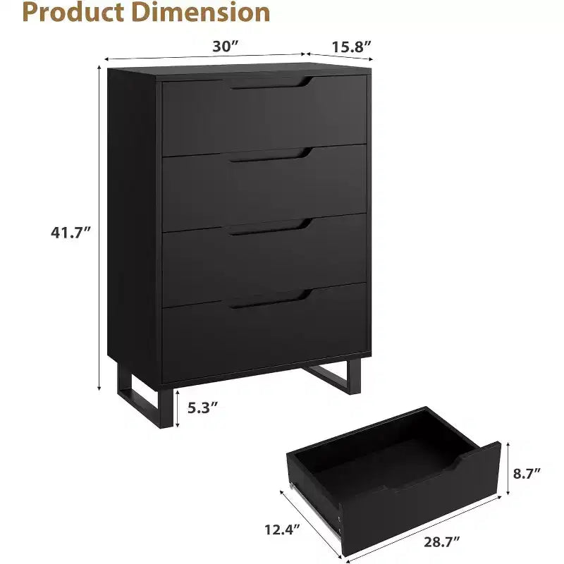 Commode haute à 4 tiroirs Armoire de rangement verticale en bois de 105,4 cm avec design autoportant pour chambre à coucher, salon, couloir et entrée, noir
