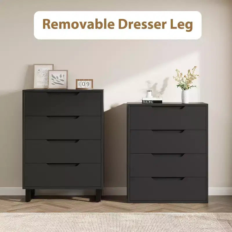 Commode haute à 4 tiroirs Armoire de rangement verticale en bois de 105,4 cm avec design autoportant pour chambre à coucher, salon, couloir et entrée, noir
